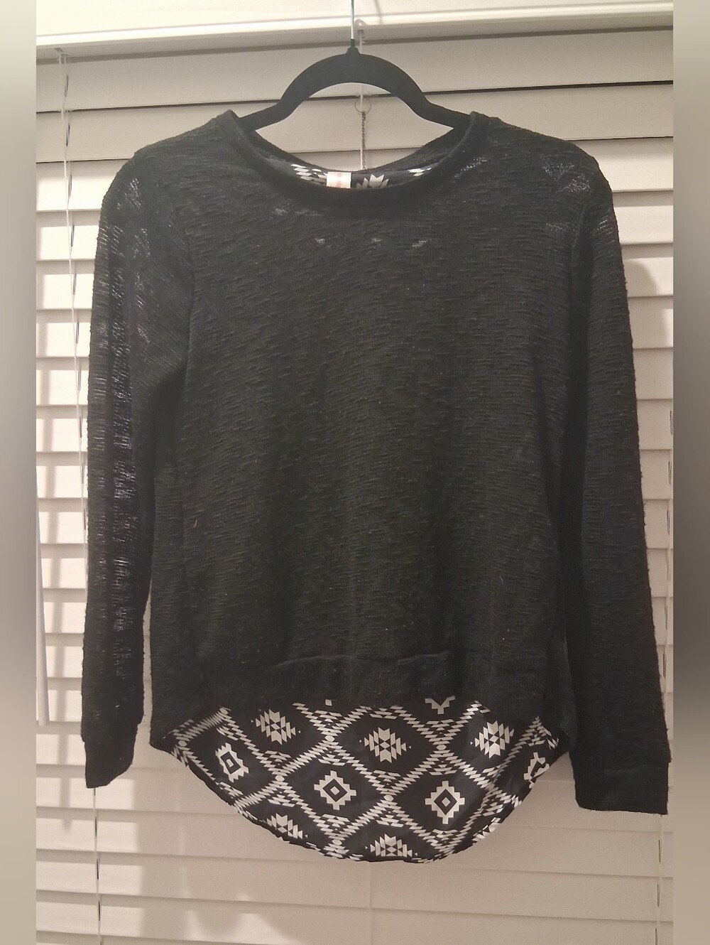 No Boundaries Black Pullover with Black and White Aztec Back Layer